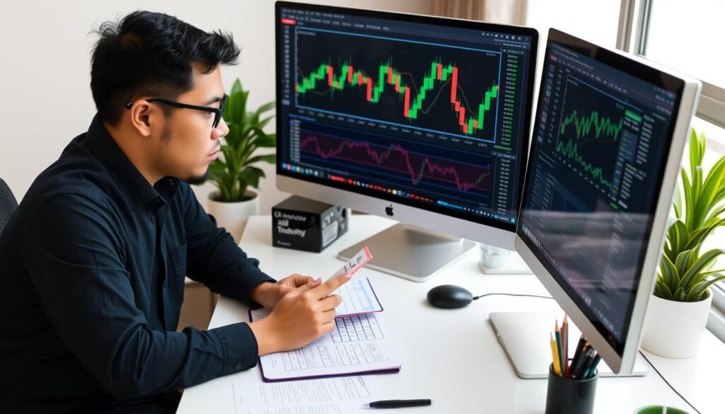 Trader pemula Indonesia belajar menggunakan platform Exness dengan materi edukasi